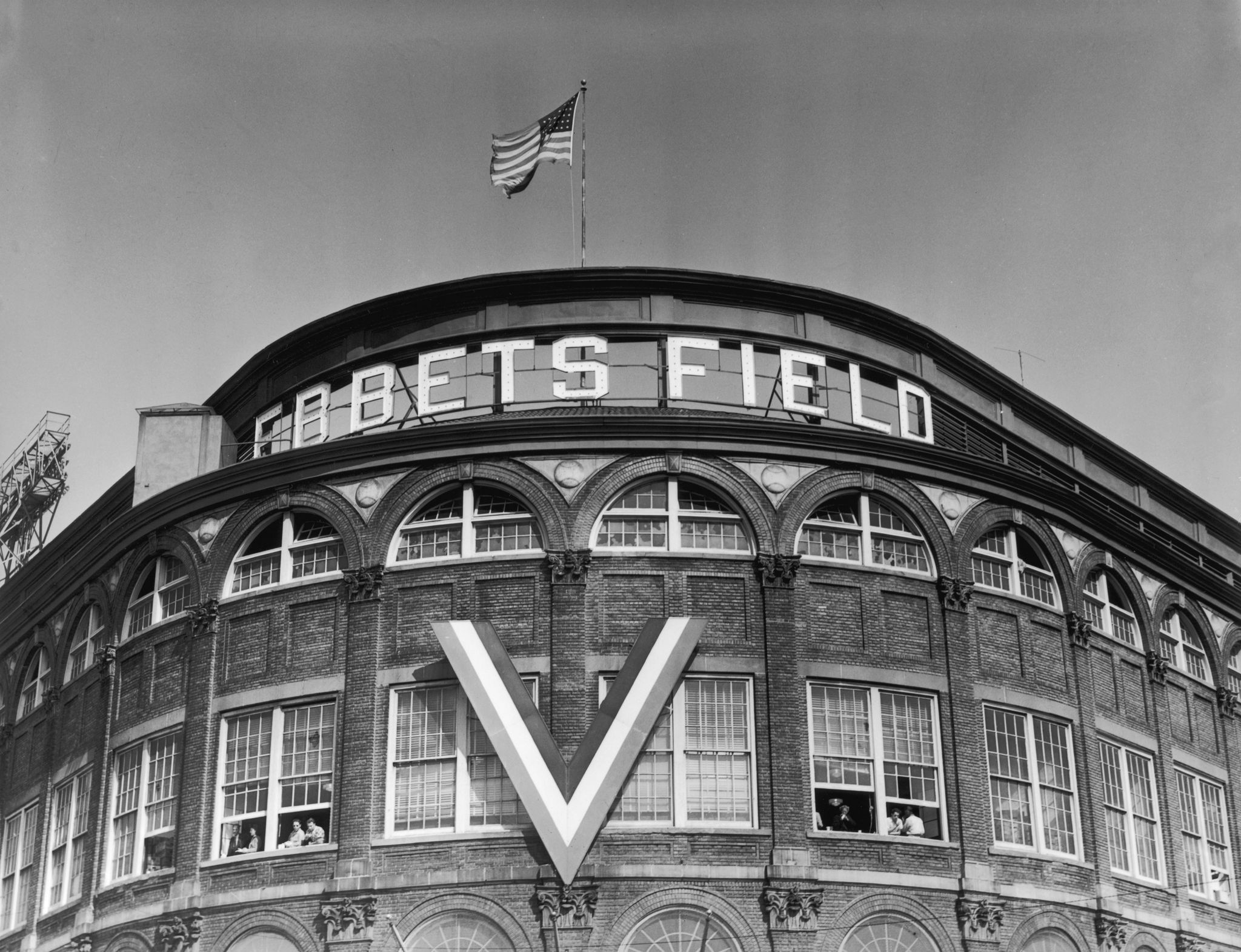 circa 1945 view of the curved exterior rotunda at the entrance to ebbets field, home of the brooklyn dodgers, in the flatbush section of brooklyn, new york city a v for victory, hangs on the facade photo by hirzgetty images
