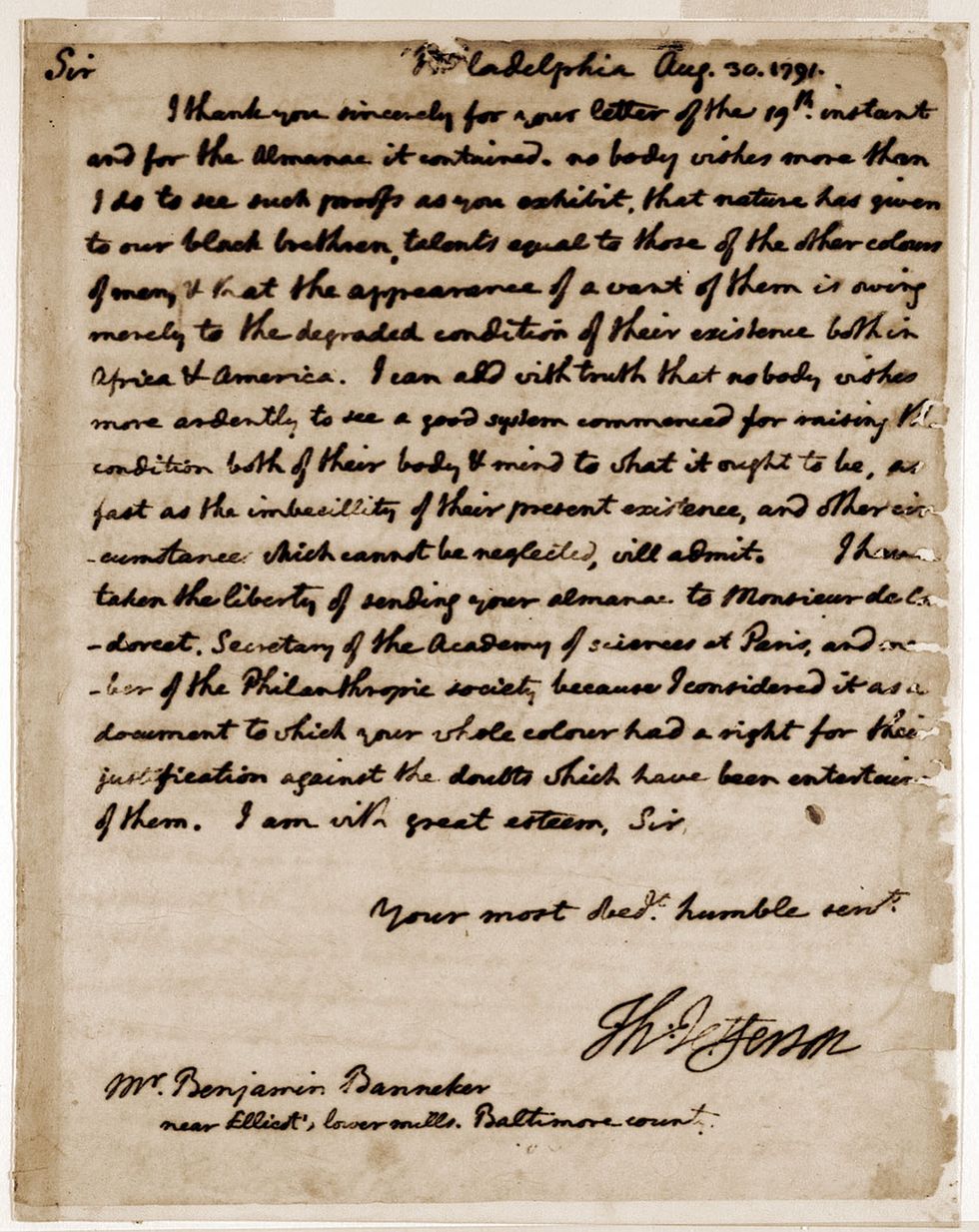 Thomas Jefferson's letter to Benjamin Banneker dated August 30, 1791