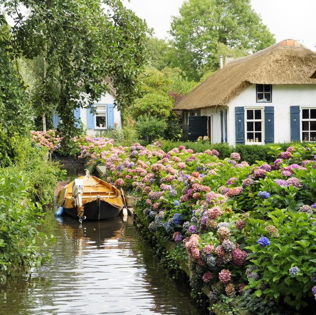 historic dutch houses with river, boat and many flowers