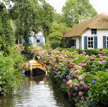 historic dutch houses with river, boat and many flowers