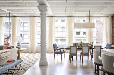 built in downtown manhattan in 1890 as a manufacturing facility, this loft has original intact cast iron columns to make it “feel comfy and cloudlike” at the behest of the owner, ferguson shamamian architects and decorator elizabeth lawrence of bunny williams coated it in white paint and added streamlined furnishings