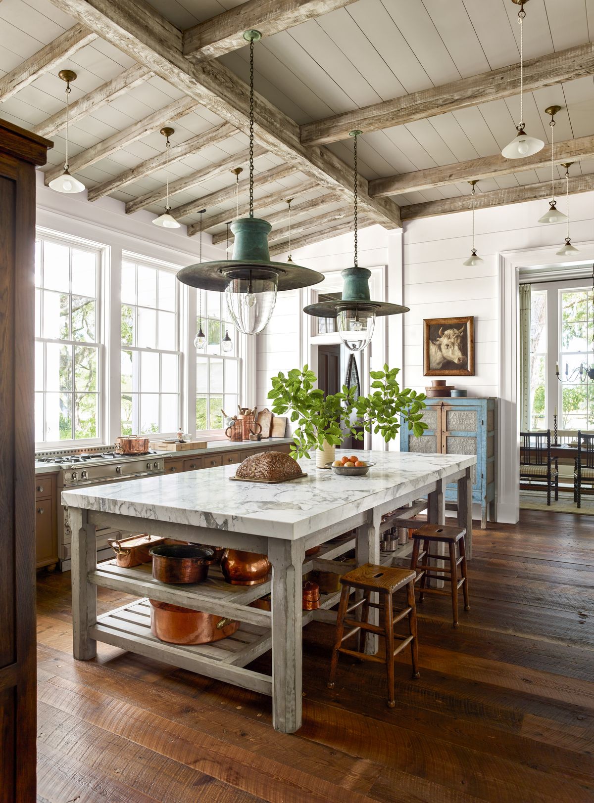 neutral farmhouse kitchen with large island