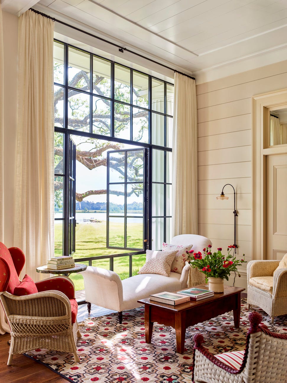 living room with wicker chairs