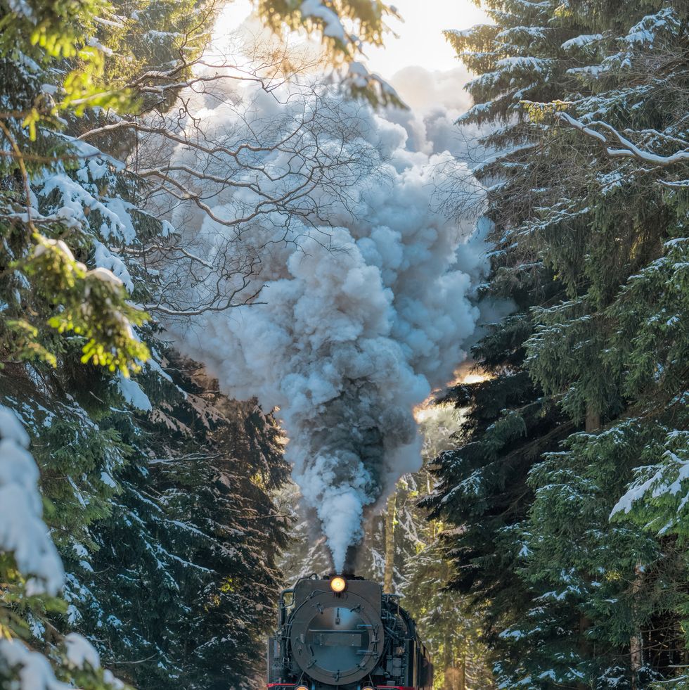 historical steam train running full speed to brocken mountain in harz region