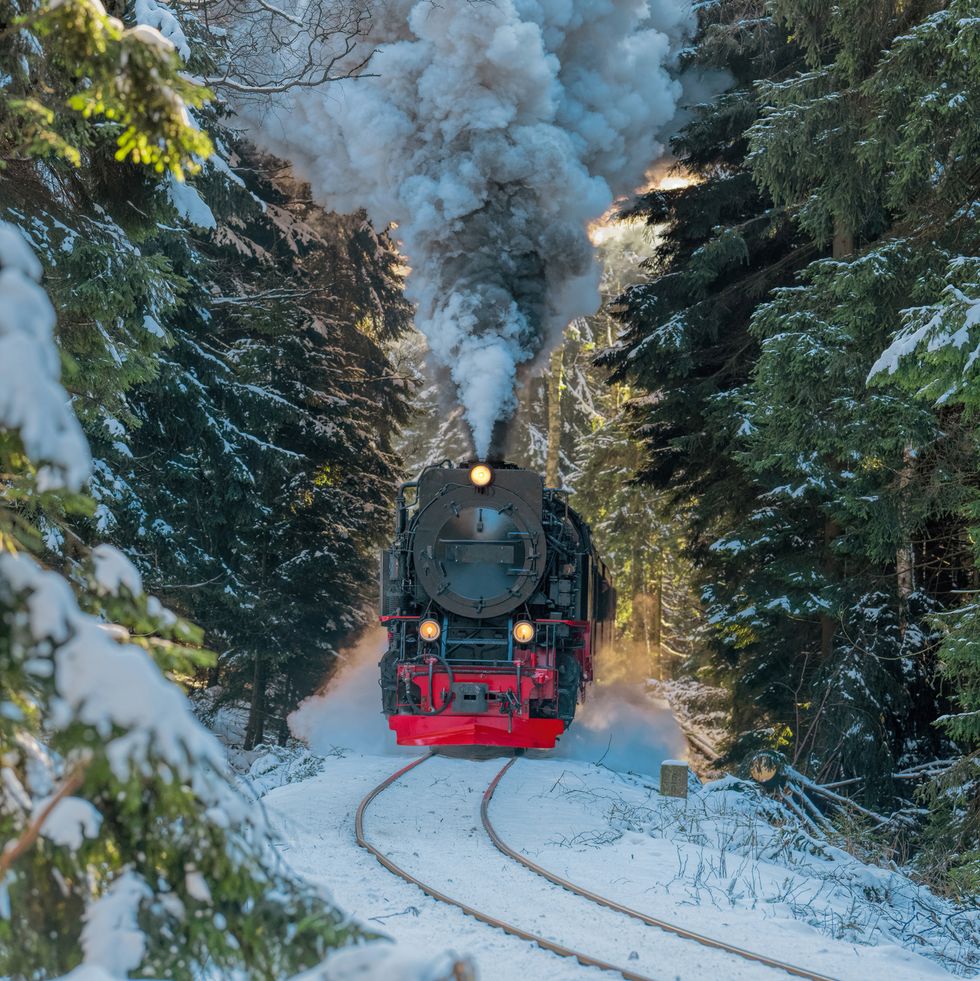 historical steam train running full speed to brocken mountain in harz region