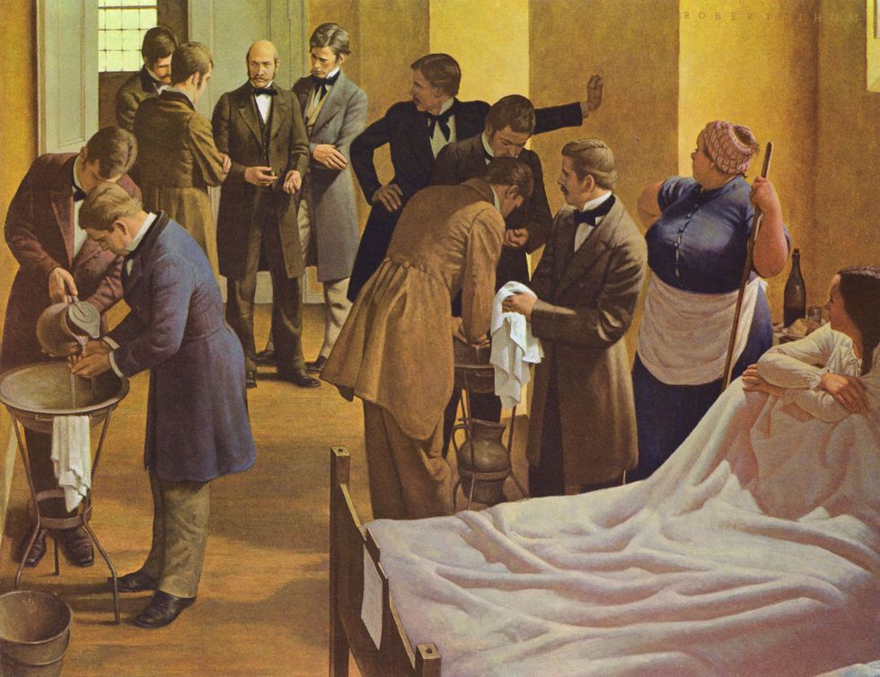 Robert Thom maakte dit schilderij waarop Semmelweis midden er in het Allgemeines Krankenhaus der Stadt Wien op toeziet dat artsen hun handen wassen voordat ze kraamvrouwen onderzoeken