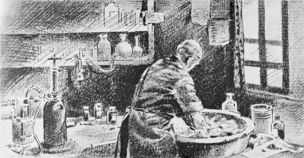 Op deze tekening wast Semmelweis zijn handen in een oplossing met citroen en chloor Hoewel zijn werk gezondheidsvoordelen opleverde kreeg hij pas na zijn dood in 1865 erkenning