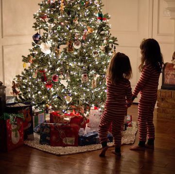 rear view of preschool girls holding hands looking at lit, decorated christmas tree