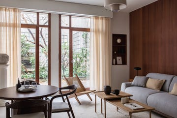 a living room with a large window