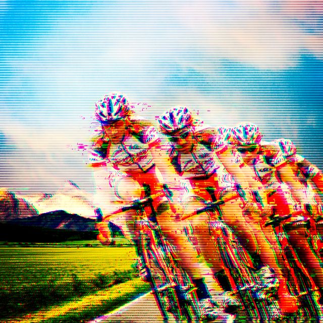 pixillated image of a cycling peloton looking fast