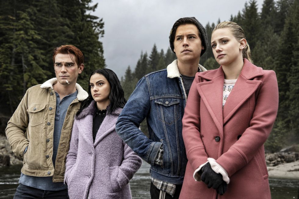 riverdale chapter sixty six tangerine image number rvd409b0161jpg pictured l r kj apa as archie camila mendes as veronica cole sprouse as jughead and lili reinhart as betty photo jack rowandthe cw2019 the cw network llc all rights reserved