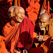 monk in orange robe laughing
