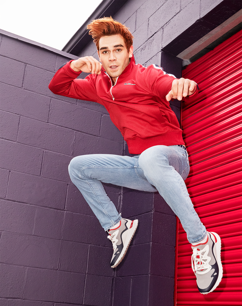 Red, Beauty, Cool, Jeans, Standing, Jumping, Wall, Leg, Footwear, Photo shoot, 