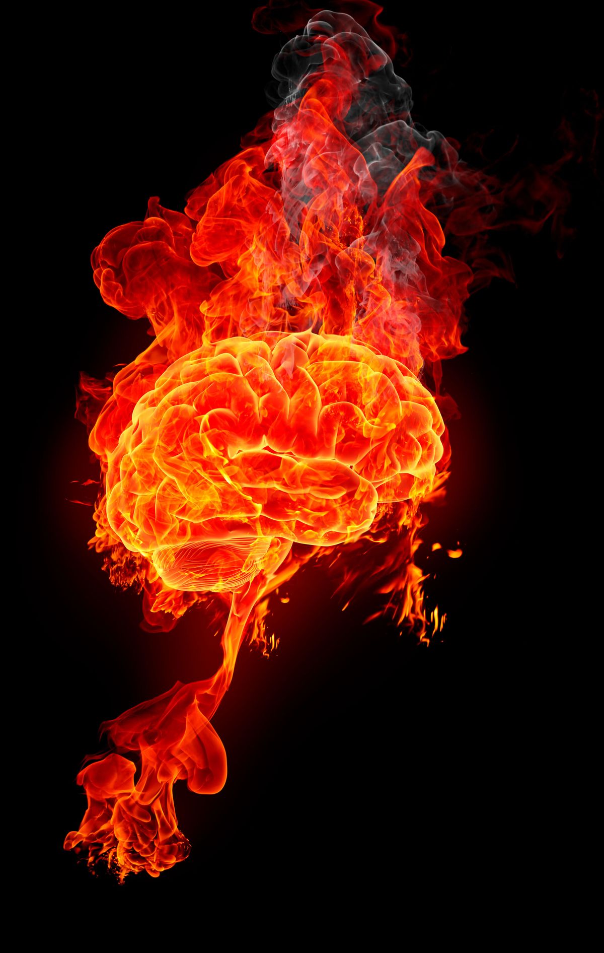 vivid rendering of brain with flames behind it