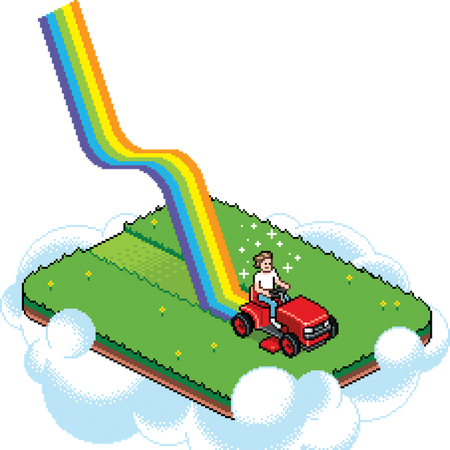 pixillated man riding lawnmower in a video game with a rainbow coming out the back