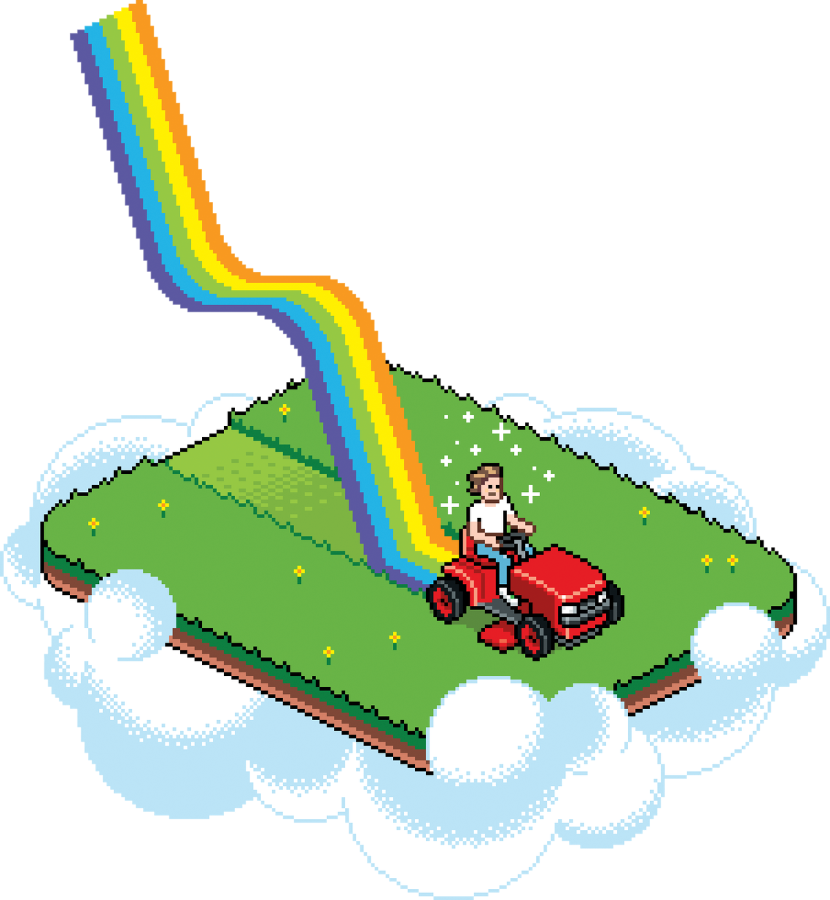 pixillated man riding lawnmower in a video game with a rainbow coming out the back