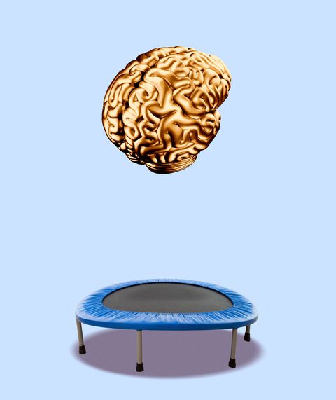 golden brain hovering above mini trampoline