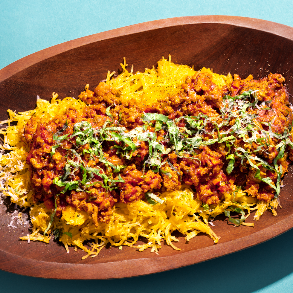 roasted spaghetti squash turkey bolognese and crispy kale