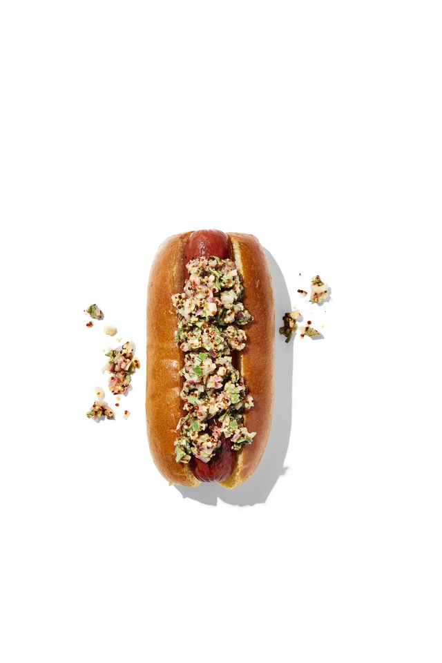hotdog with toppings home run dijon mustard, white wine vinegar, maple syrup, shallots, sage