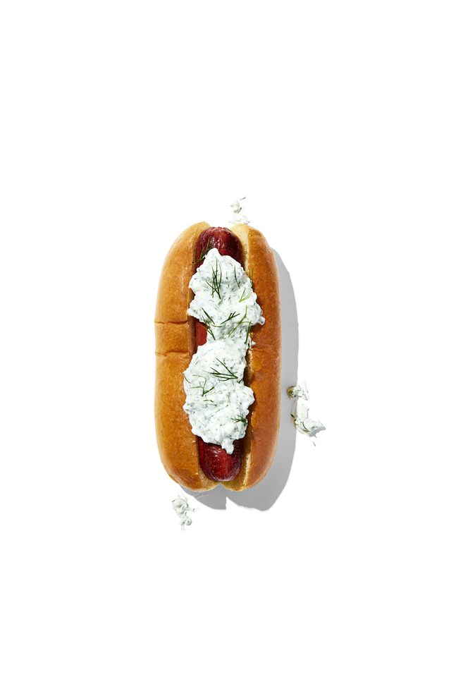 hotdog with toppings greek god greek yogurt, feta cheese, dill, garlic, lemon juice