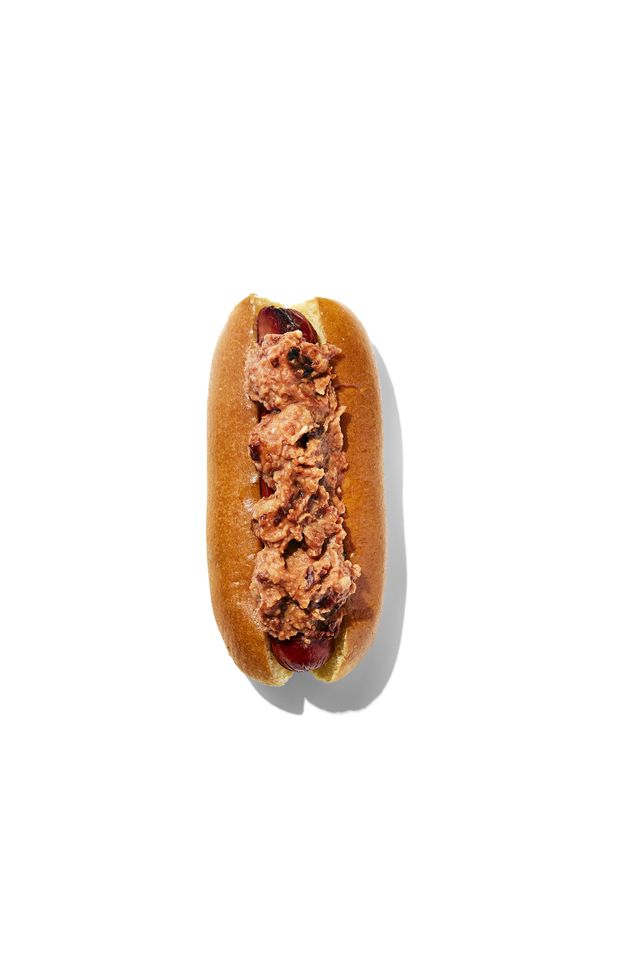 hotdog with toppings burrito esque refried beans, chipotle peppers in adobo sauce, lime juice, garlic