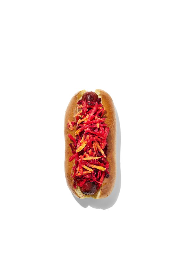 hotdog with toppings beet it beet, carrot, horseradish, cider vinegar, sugar
