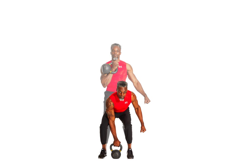 alternating dead clean to press strength and muscle building single kettlebell exercise\, workout