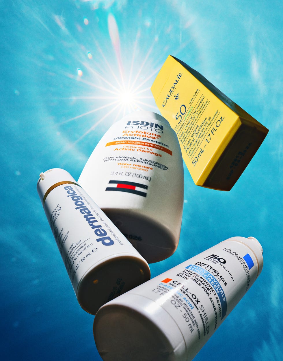 face sunscreens: dermalogica biolumin c spf 50; isdin eryfotona actinica spf 50; caudalie vinosun protect daily mineral face sunscreen spf 50; la roche posay anthelios uv clear spf 50.