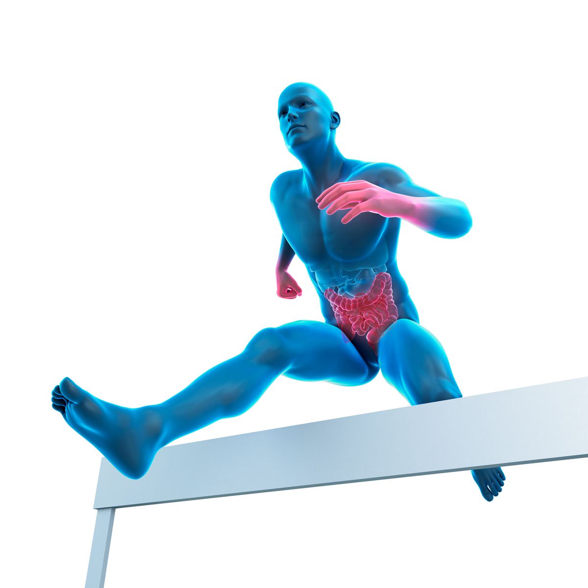illustration of man jumping over hurdle intestines and hands are highlighted