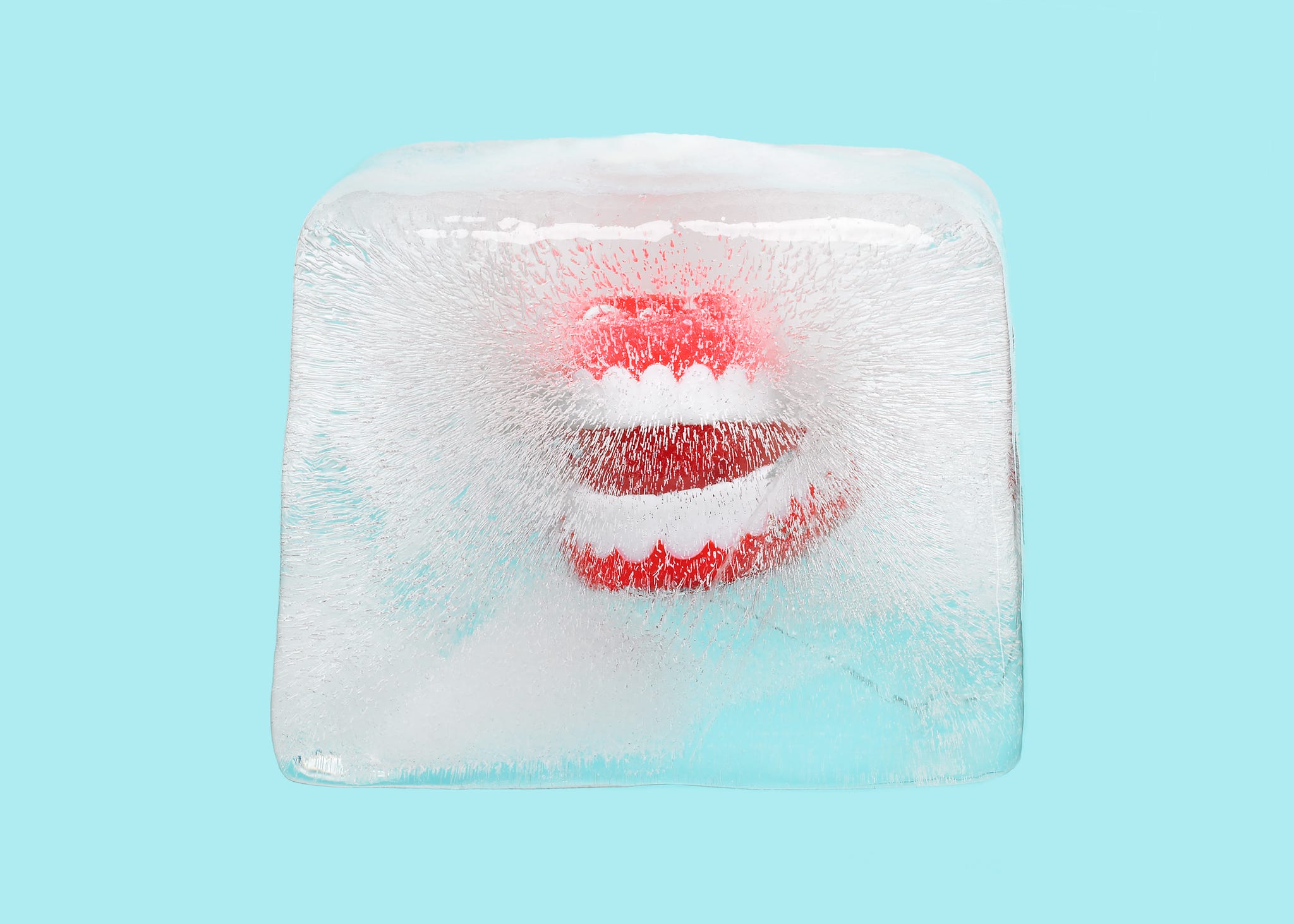 mouth frozen in ice block