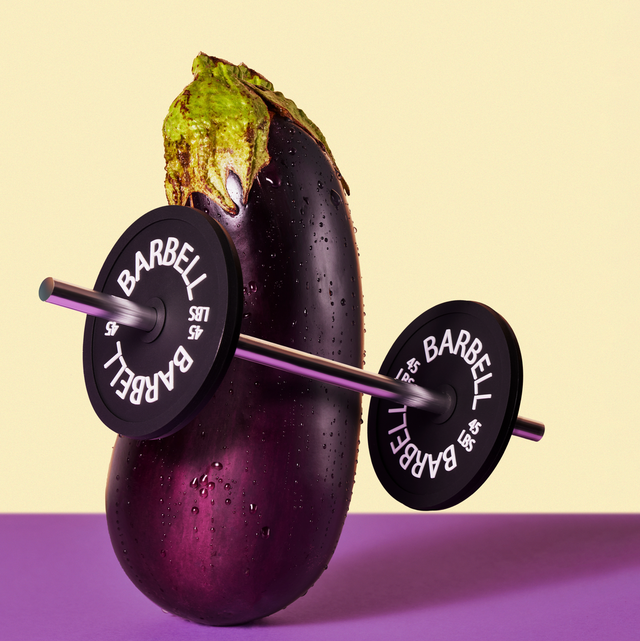eggplant holding a barbell