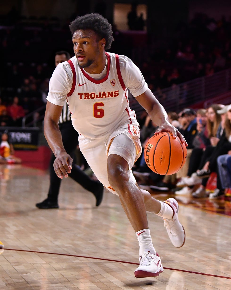 los angeles, ca march 07 usc trojans guard bronny james 6 drives to the basket during the college basketball game between the arizona state sun devils and the usc trojans on march 7, 2024 at galen center in los angeles, ca photo by brian rothmullericon sportswire via getty images