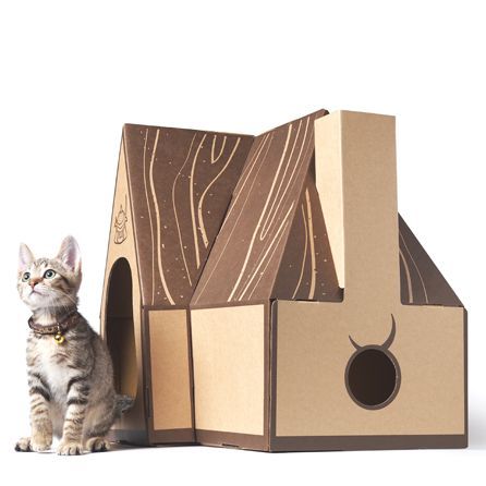 迎合貓咪的喜好與習性， HULUMAO以可回收的厚紙板製作出百變貓窩，所有設計皆以摺疊、卡接組合而成，再加入磨爪的抓板讓主子們都能盡情舒壓。