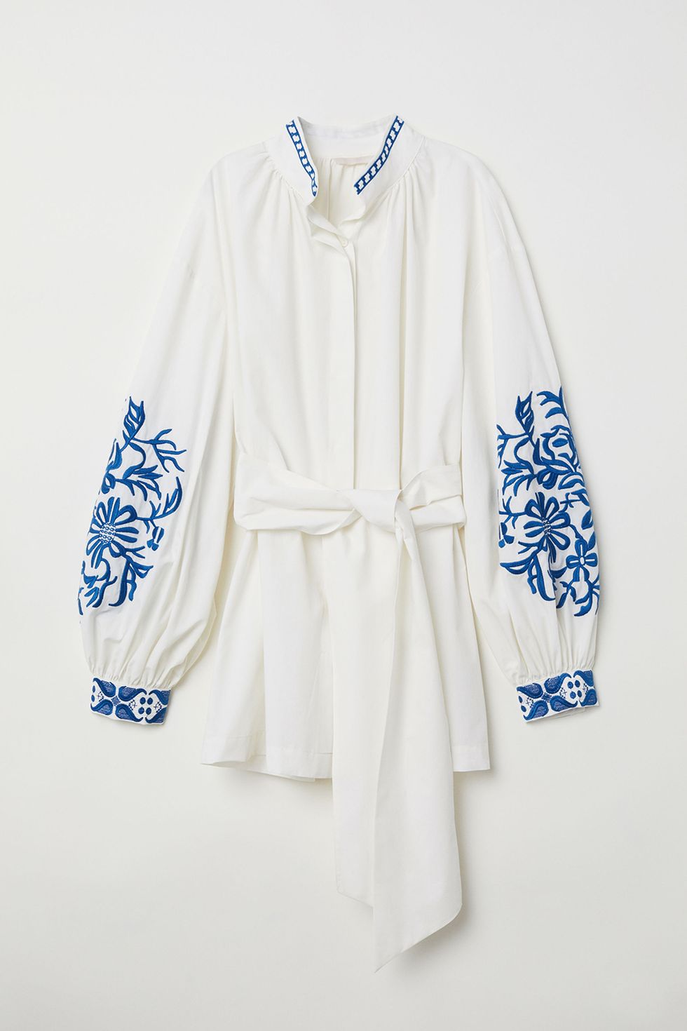 White, Clothing, Blue, Sleeve, Robe, Embroidery, Font, Textile, Blouse, Cover-up, 