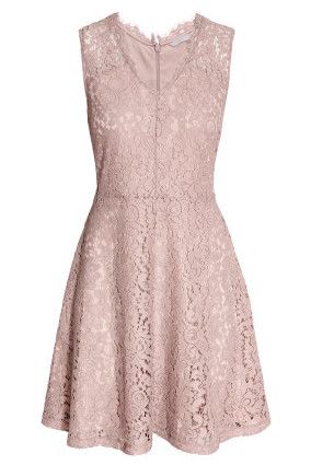 Clothing, Dress, Day dress, Cocktail dress, Pink, Beige, Lace, A-line, Neck, Sleeve, 