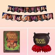 hocus pocus garland, spell book, gravestone, cupcake toppers, statue, party decor, game