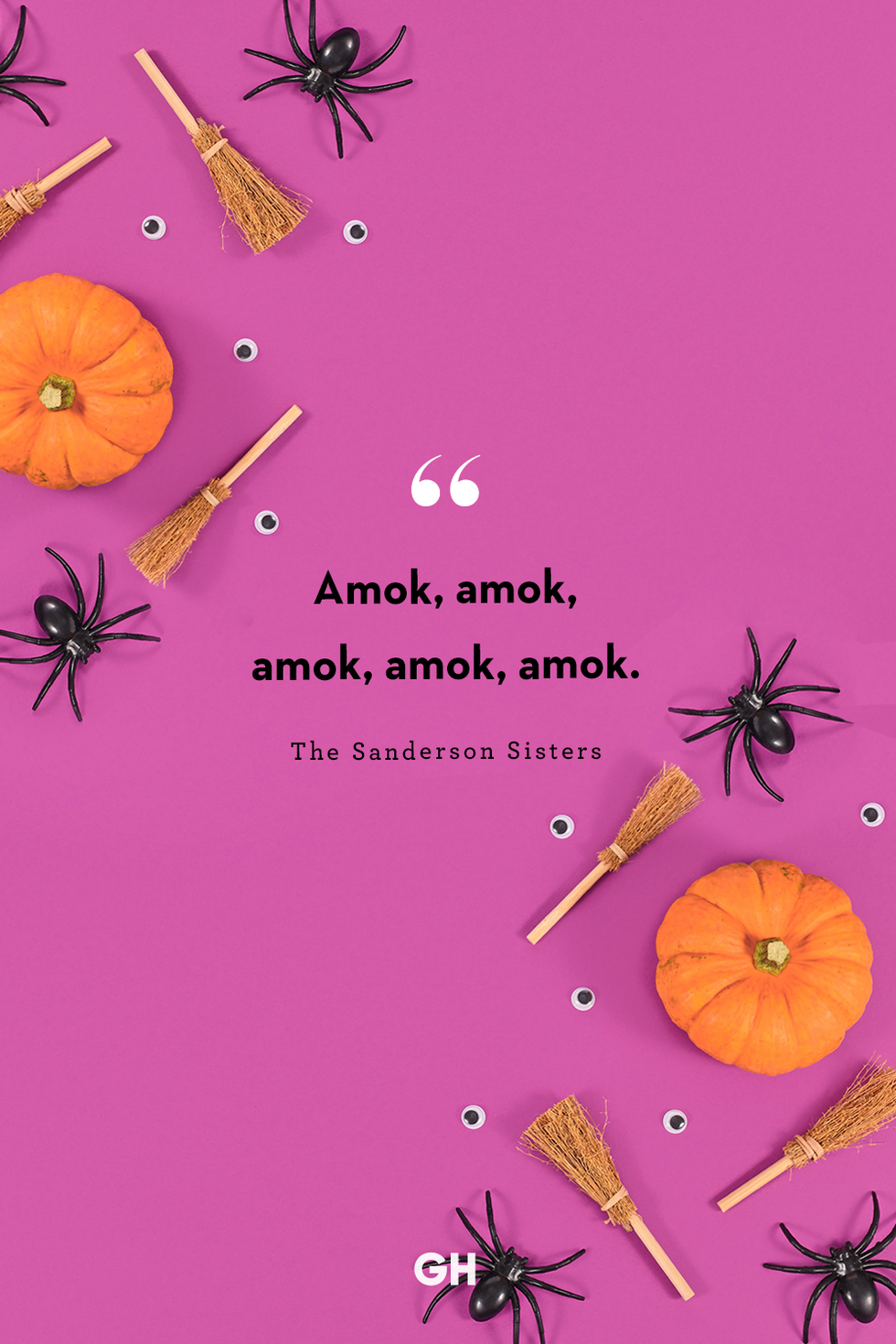 black text on purple background with pumpkins and spiders