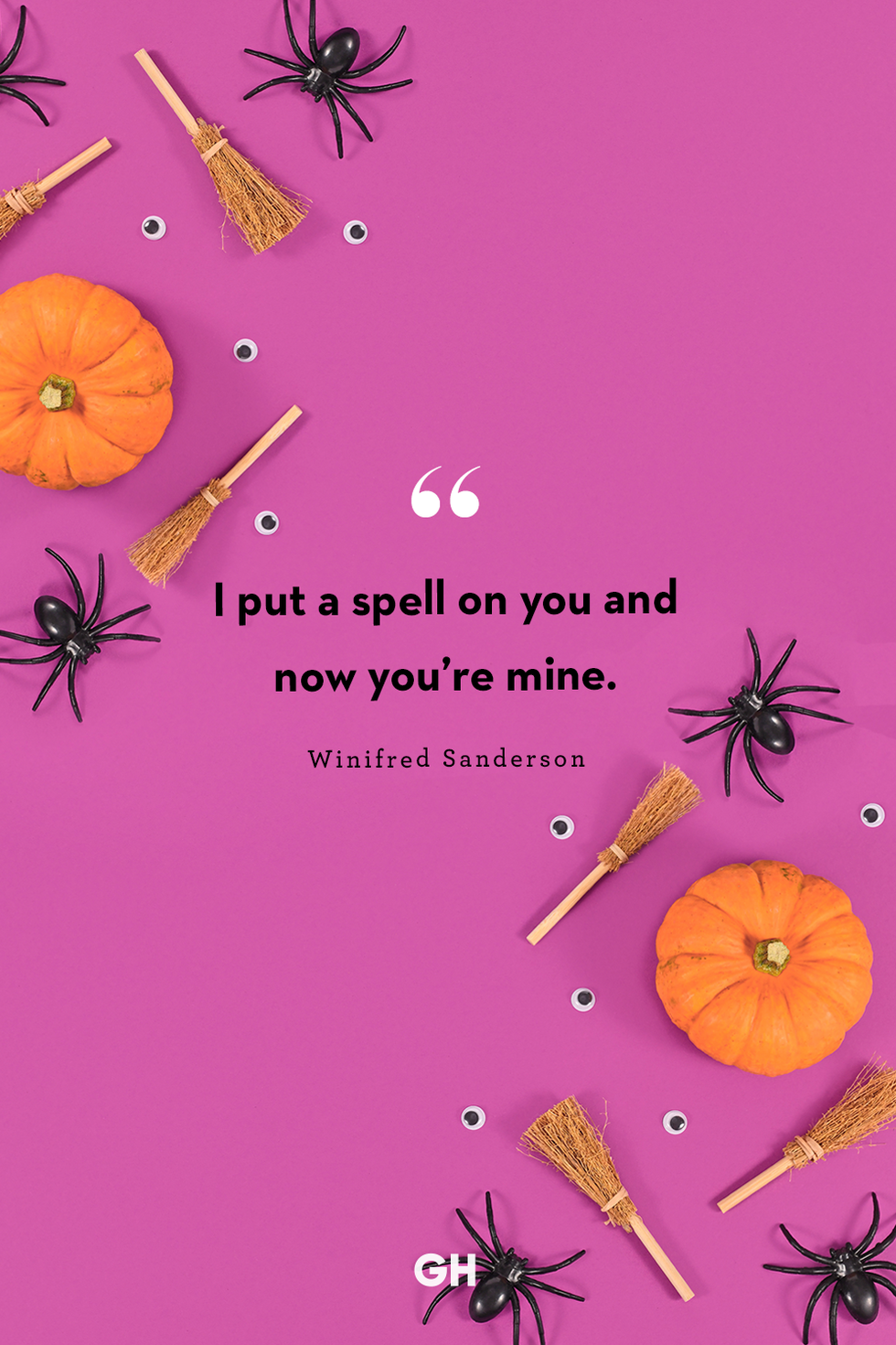 black text on purple background with pumpkins and spiders