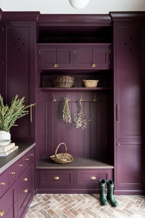 mudroom, purple cabinets, tiles