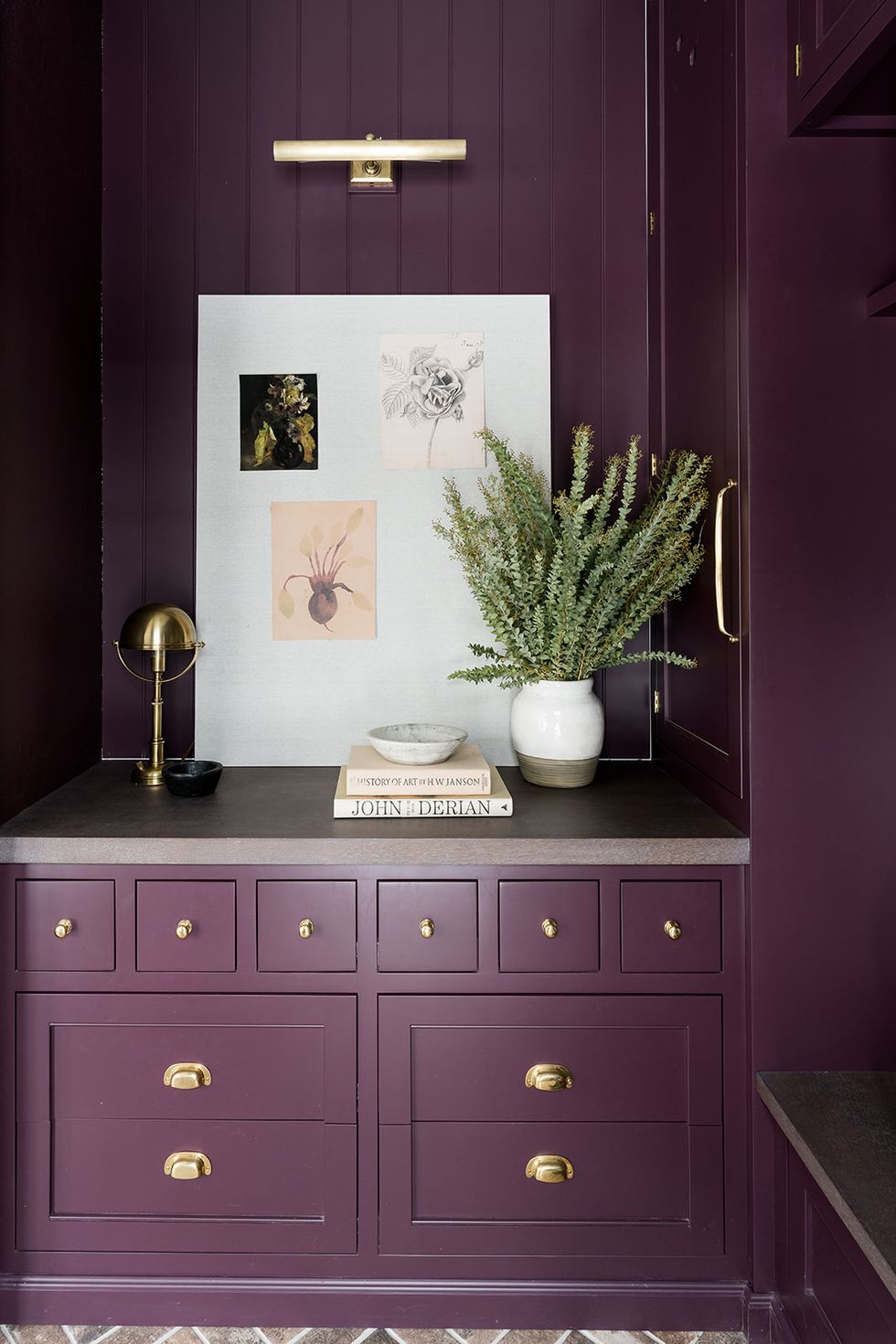 mudroom, purple cabinets