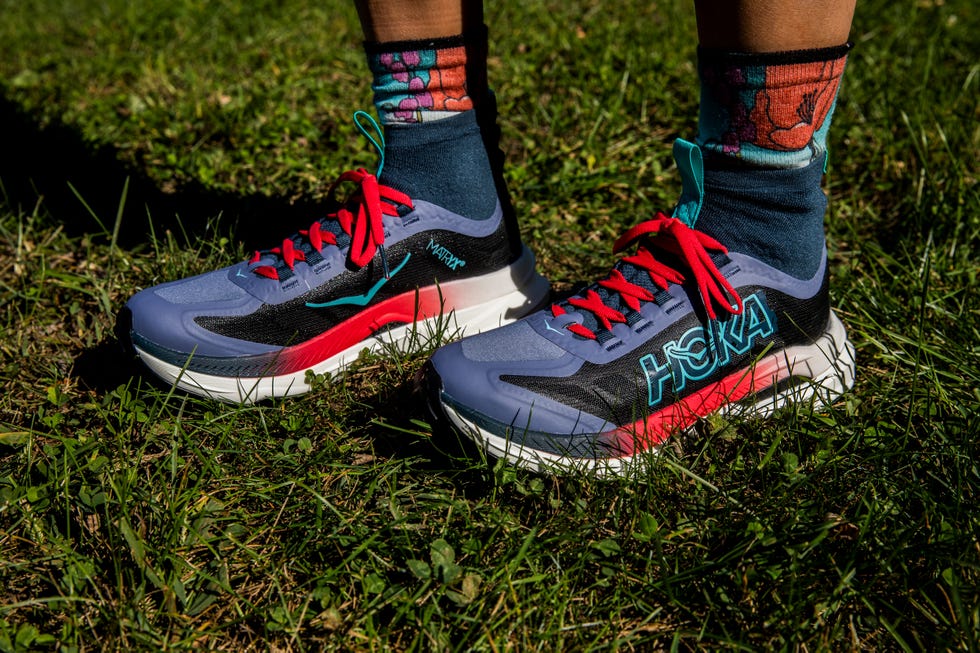 closeup of colorful athletic shoes on grass