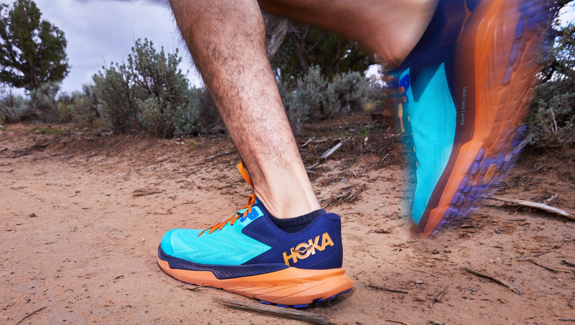 hoka zinal worn by a male runner on a trail