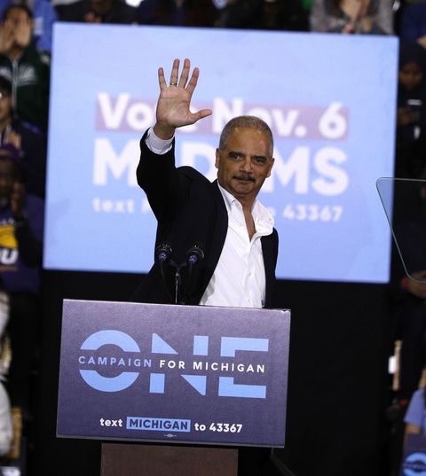 Former President Obama And Former Attorney General Eric Holder Campaigns With Michigan Democrats