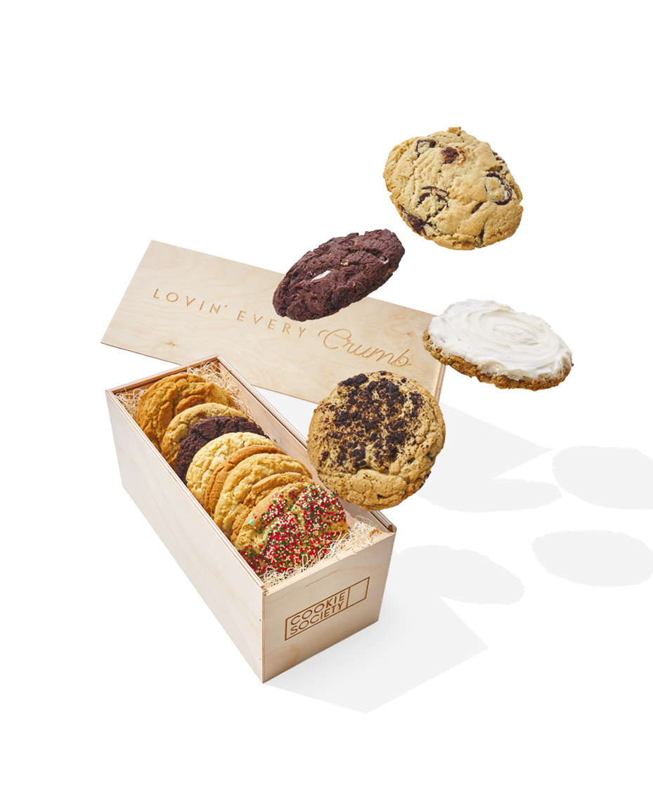 a thin wooden crate of assorted cookies