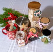 a group of jars filled with edible gifts for cyclists