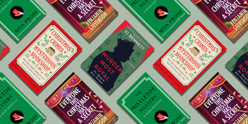 display of multiple book covers featuring mystery and holiday themes