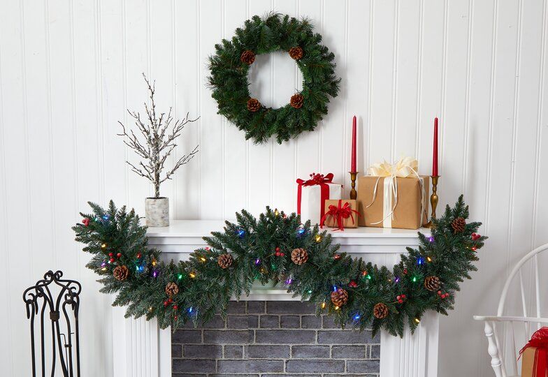 wreath above mantle with garland