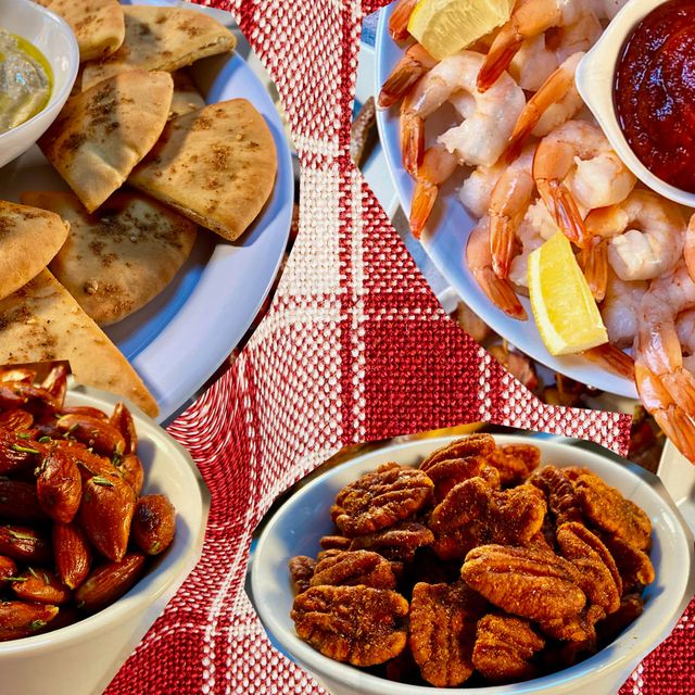 holiday appetizers of warm pita and hummus, shrimp cocktail, and spiced nuts