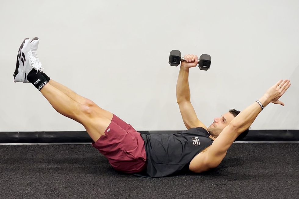 dumbbell core strengthening exercises, hollow body rock