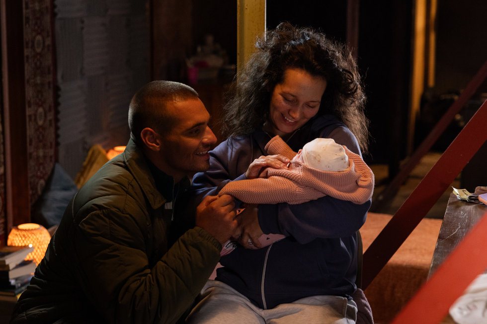 abe fielding and cleo mcqueen with baby clara in hollyoaks